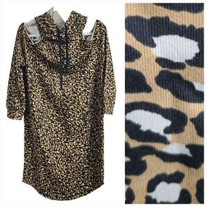 Venus Leopard Print Kangaroo Pocket Cold Shoulder Drawstring Hoodie Lounge Dress